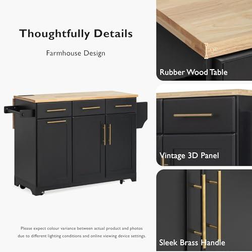 Black Farmhouse Kitchen Island with Drop Leaf, Barn Door, 3 Drawers, Adjustable Shelf, Spice Rack, 56" E152