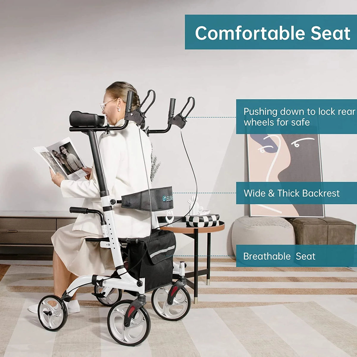 Upright Folding Rollator Walker with Seat, White X3705