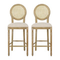 Fabric Upholstered Wood and Cane Barstools, Set of 2 F134