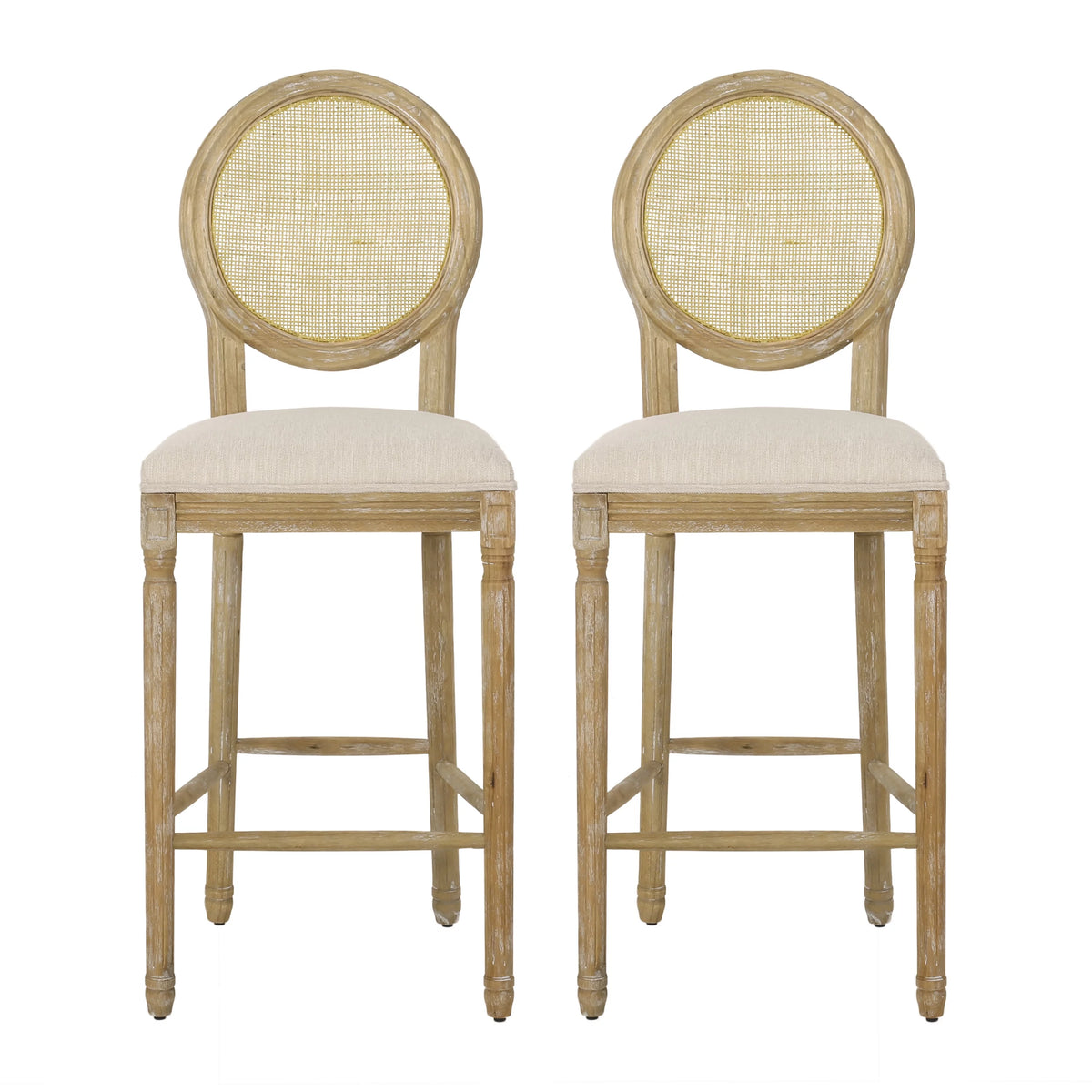 Fabric Upholstered Wood and Cane Barstools, Set of 2 F134