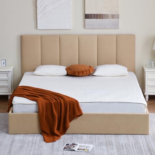 California King Size Lift-Up Storage Upholstered Platform Bed Beige H6948