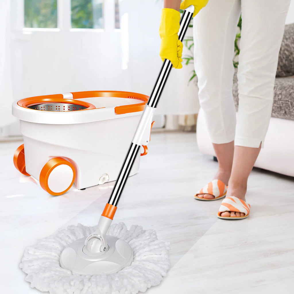 Spin Mop and Bucket System with Wringer Set, 6 Microfiber Mop Heads I313978