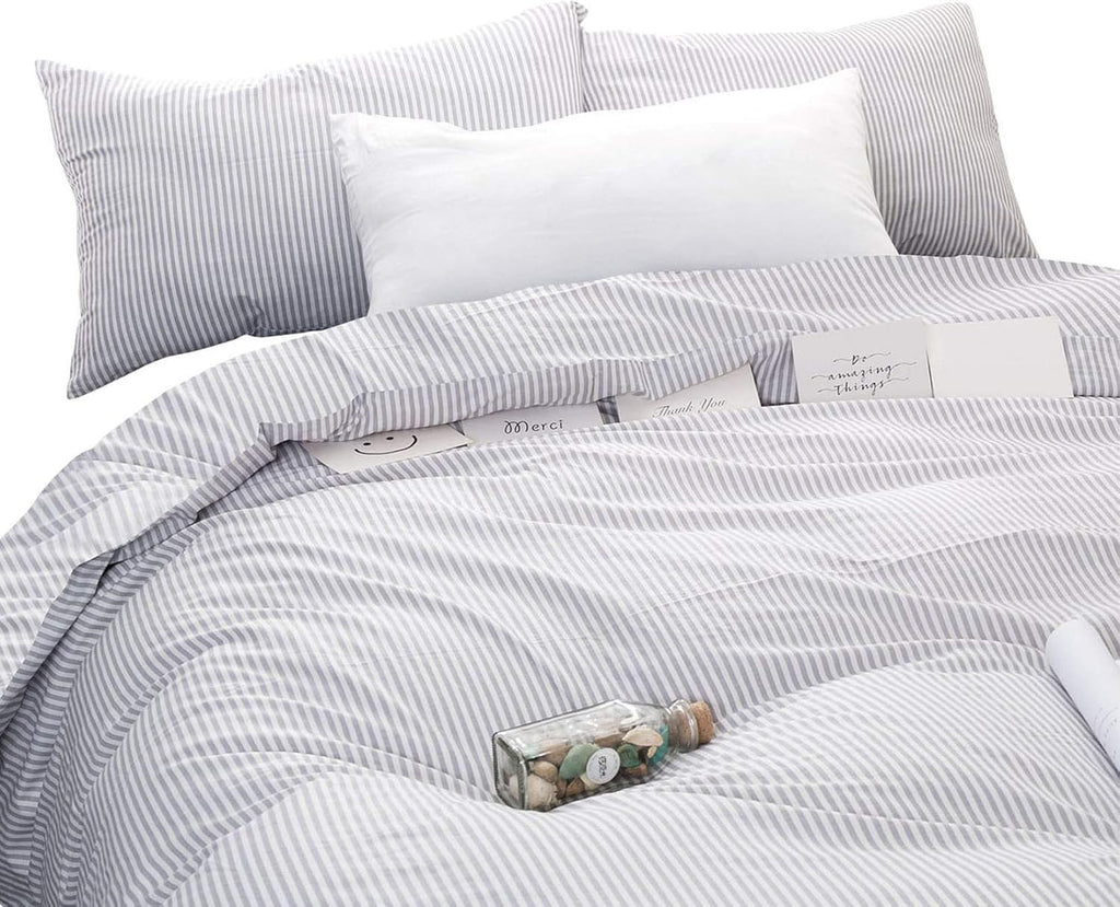 Gray White Striped 100% Cotton Duvet Cover Set, California King Size G315089