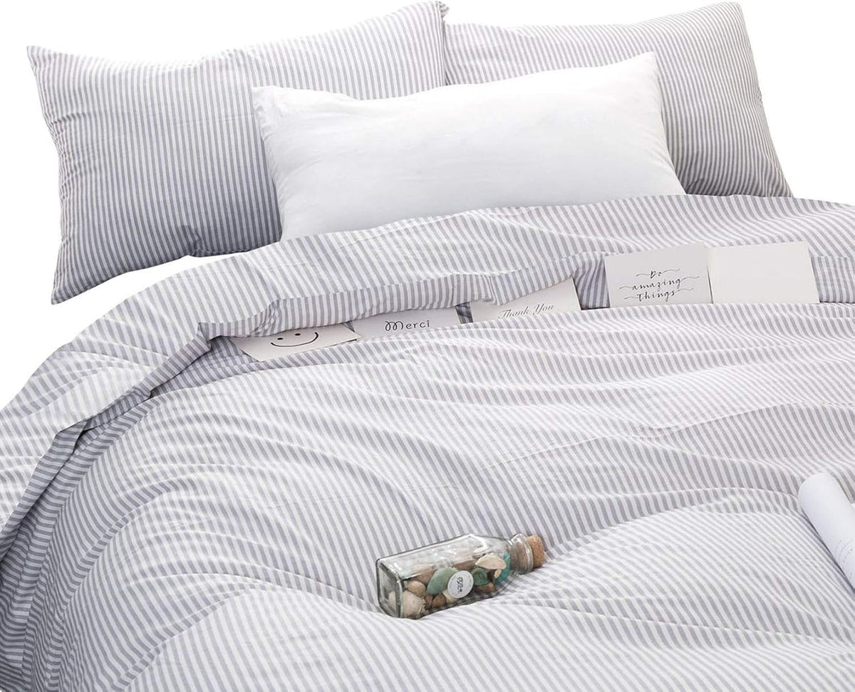 Gray White Striped 100% Cotton Duvet Cover Set, California King Size G315089