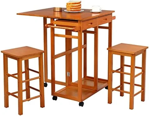 Drop Leaf Solid Wood Table and Stool Set with 2 Drawers L1972