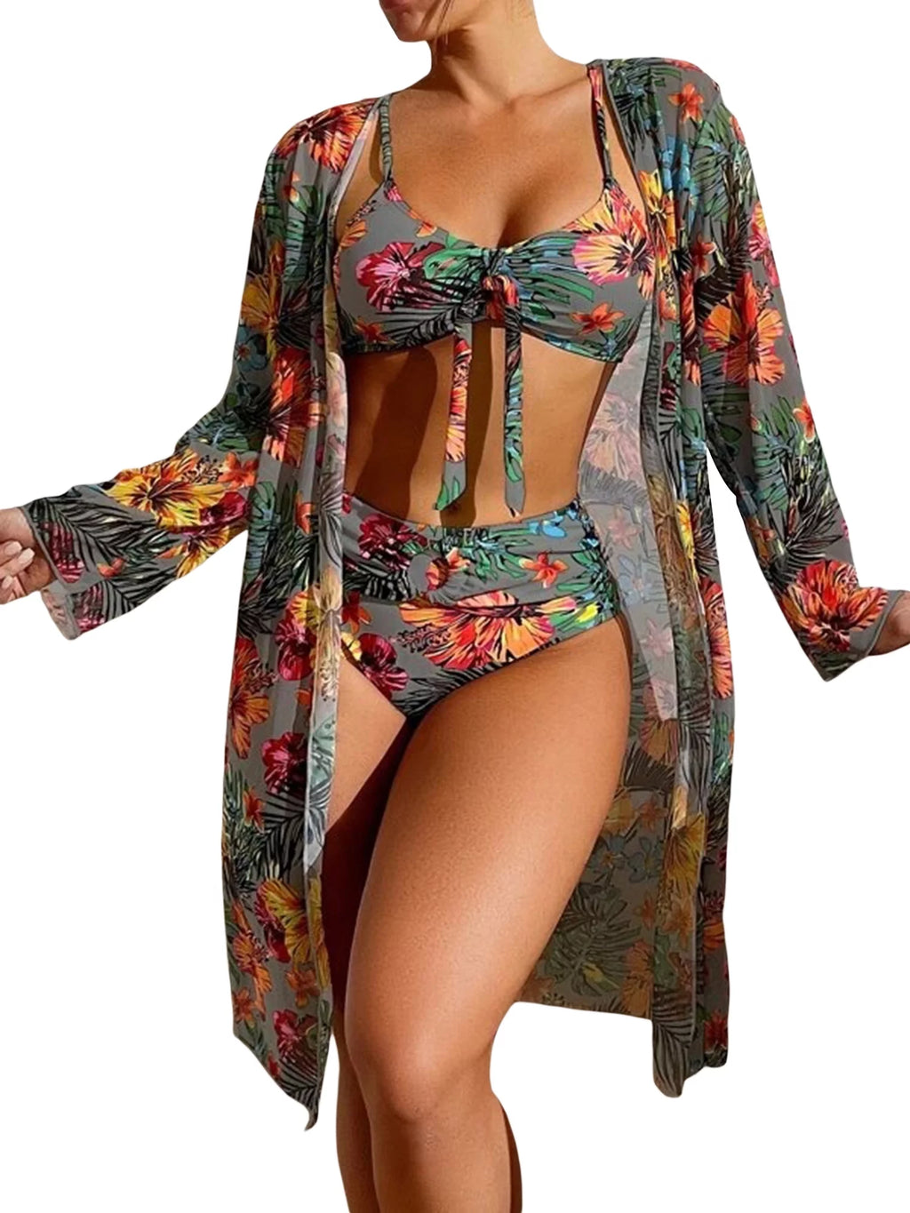 3 Pcs Floral Leaves Print Sling Padded Bra Thong Bottoms Long Sleeve Open Front Cover-Ups Bikini L4678