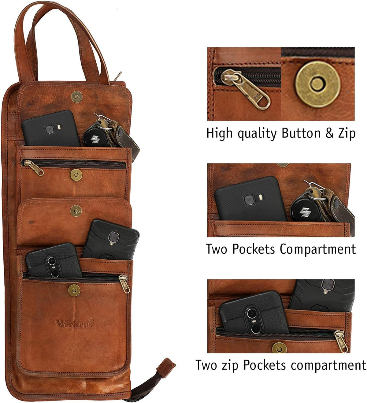 Leather Drumstick Bag Holds 10-12 Pairs Brown Z1365