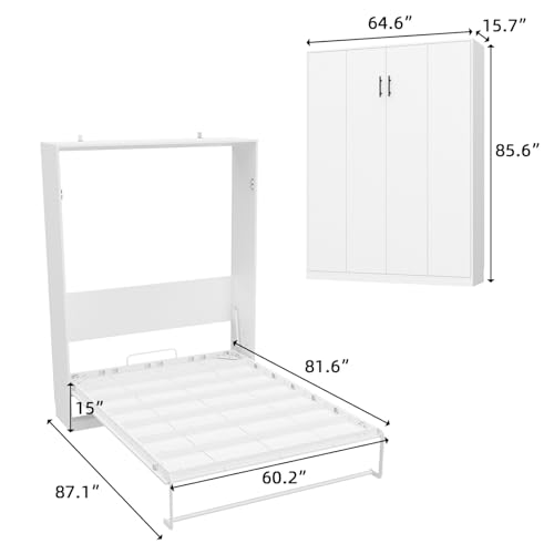 White Queen Size Murphy Wall Bed Cabinet Foldable Platform Bedframe V22441
