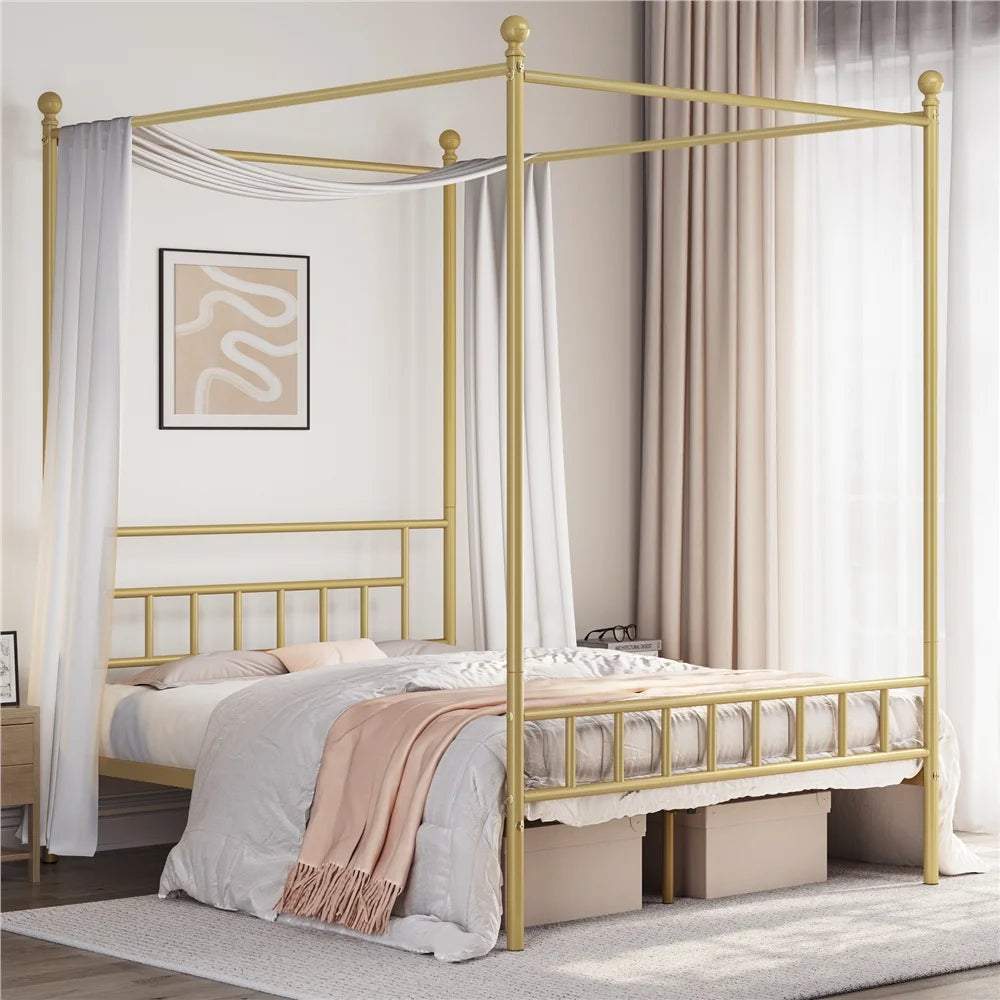 Queen Black Metal Canopy Bed Frame with Headboard & Footboard O134160
