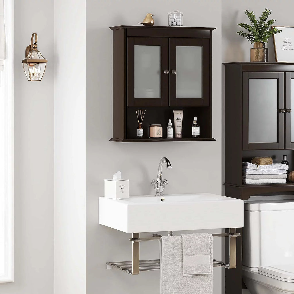 Espresso Wood Wall Cabinet with Glass Doors R584