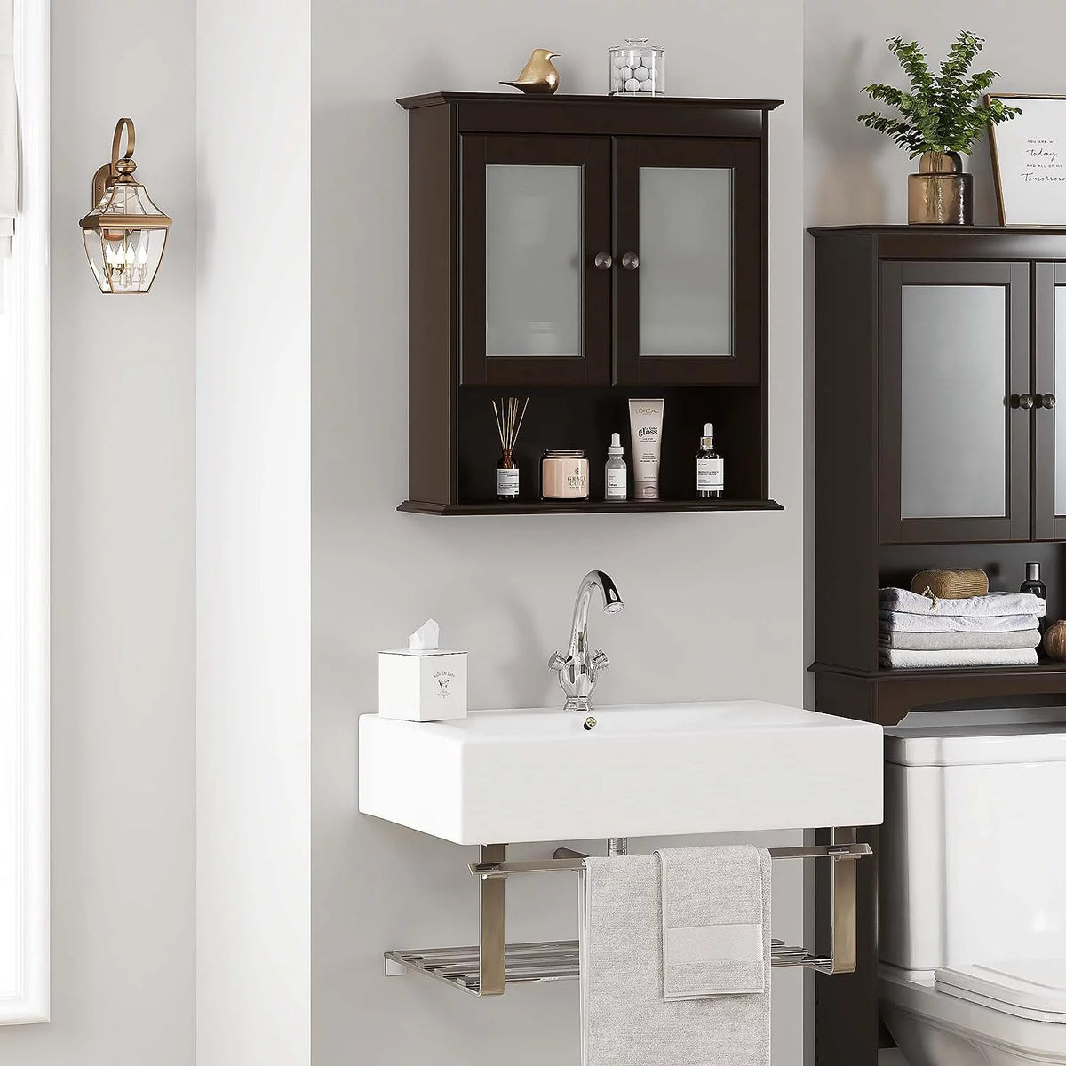 Espresso Wood Wall Cabinet with Glass Doors R584