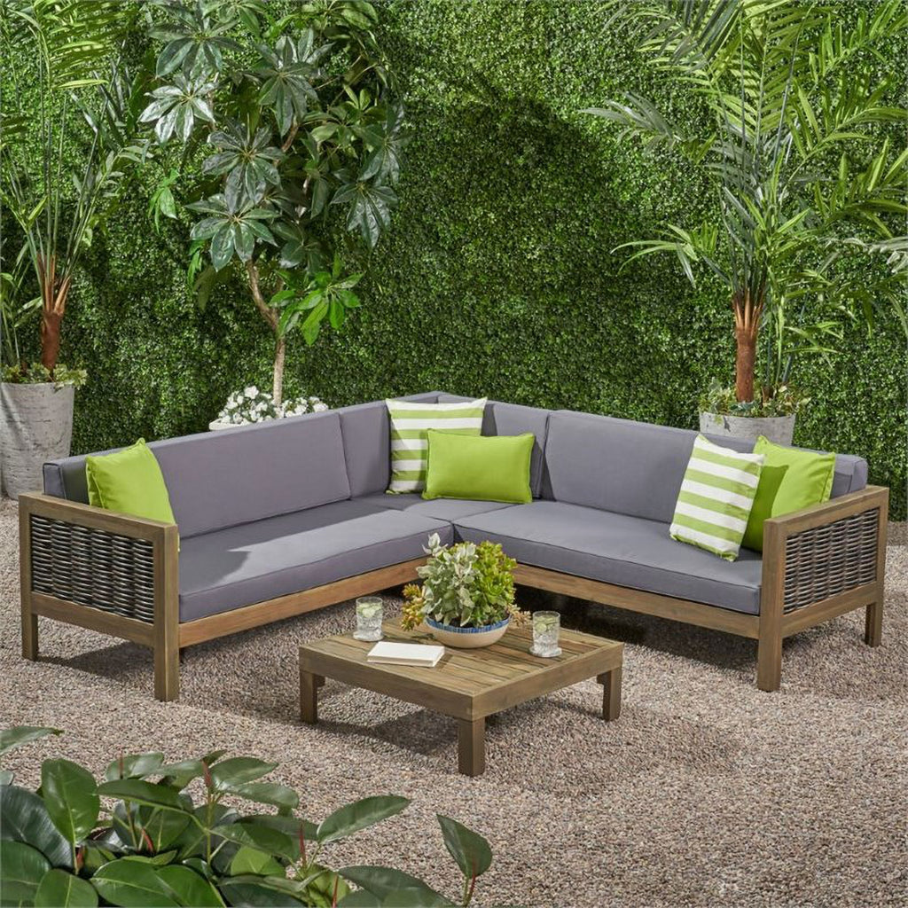 Gray 4 Piece Outdoor Wood and Wicker Sectional Sofa Set H6686