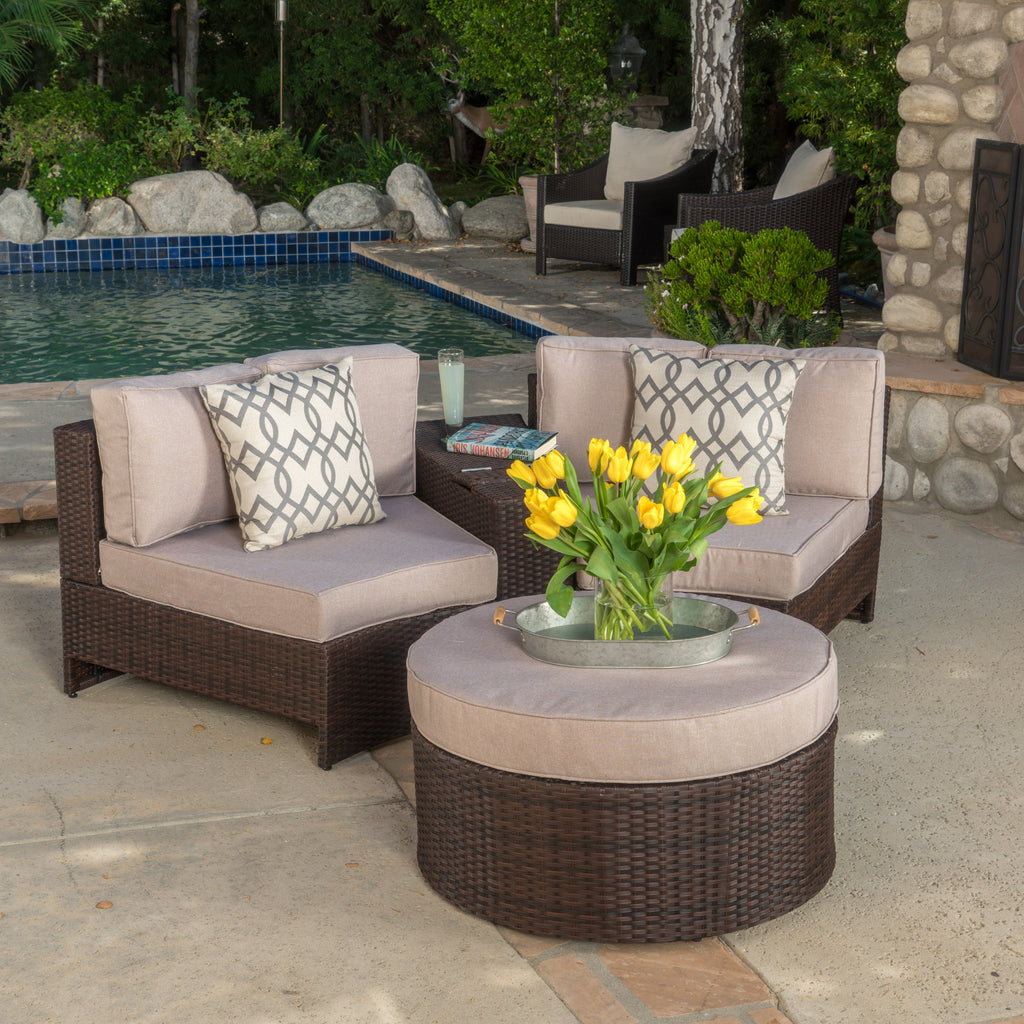 Textured Beige and Brown Outdoor Wicker 2 Seater Sectional Set with Ottoman Y487898