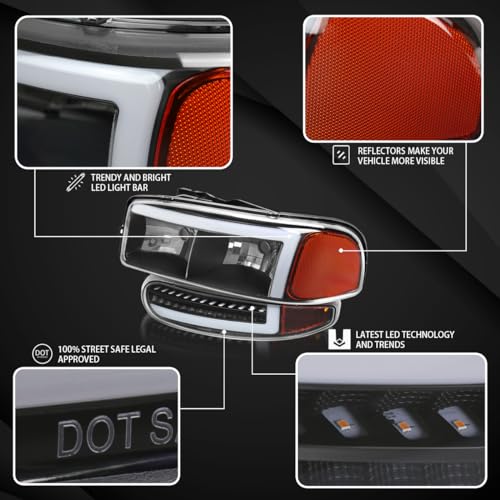 Compatible with 2000-2006 GMC Sierra Denali Black Smoke LED Tube Headlights + Sequential Bumper Lights S98819