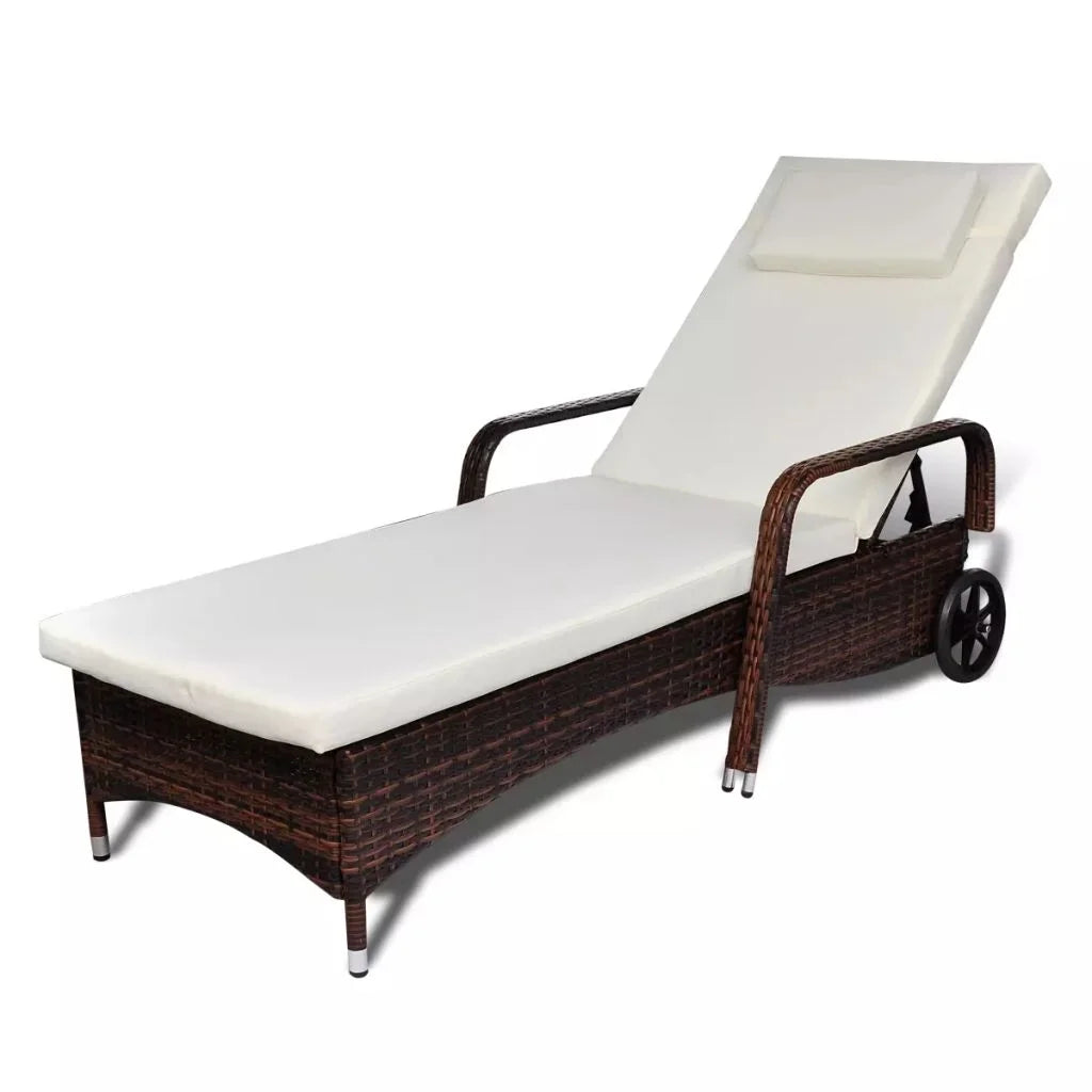 Brown Poly Rattan Chaise Lounge with Wheels P8811