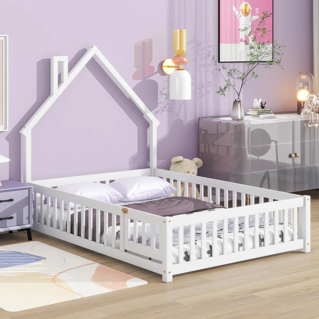 Grey Twin Size Wood Floor Bed with Fence A302211