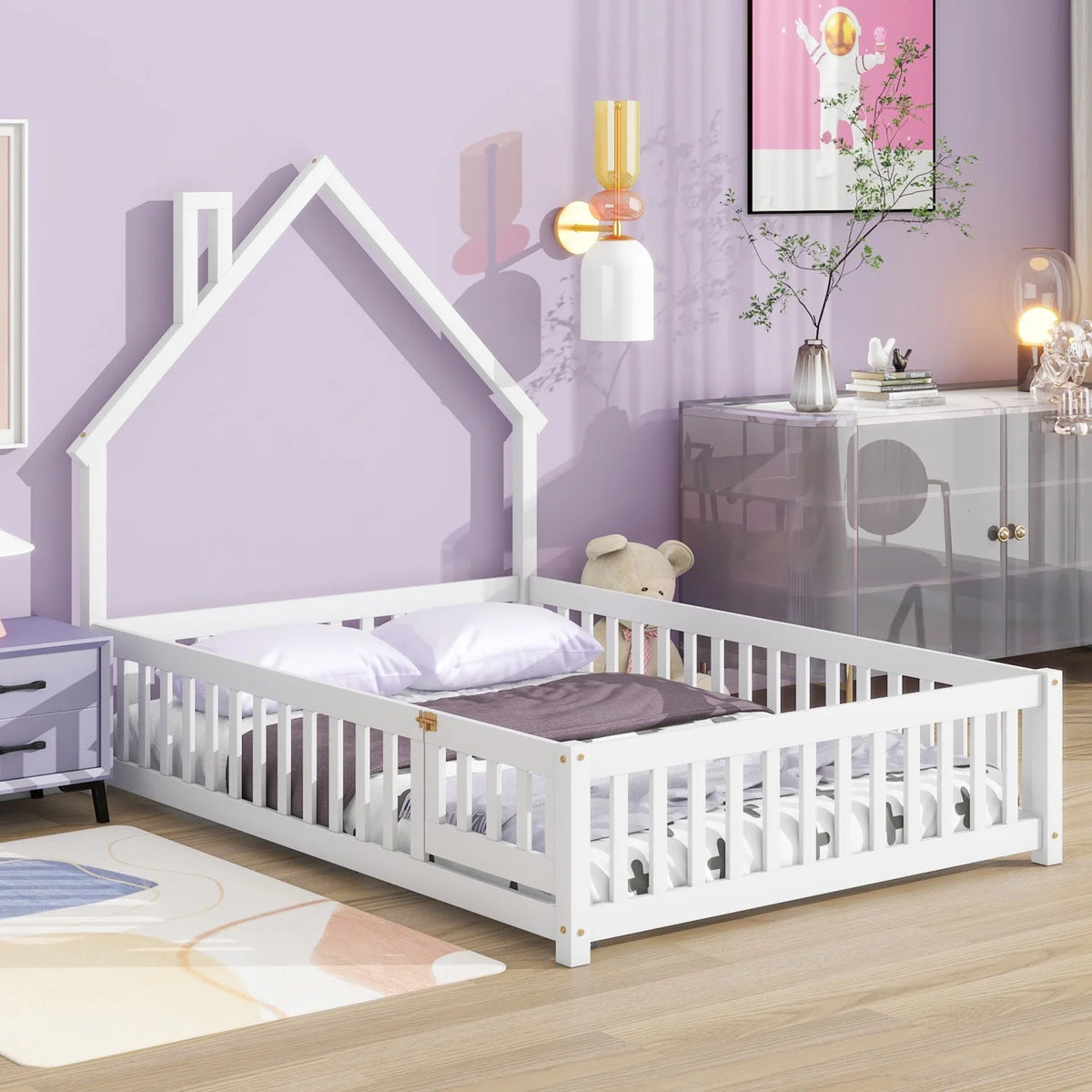 Grey Twin Size Wood Floor Bed with Fence A302211