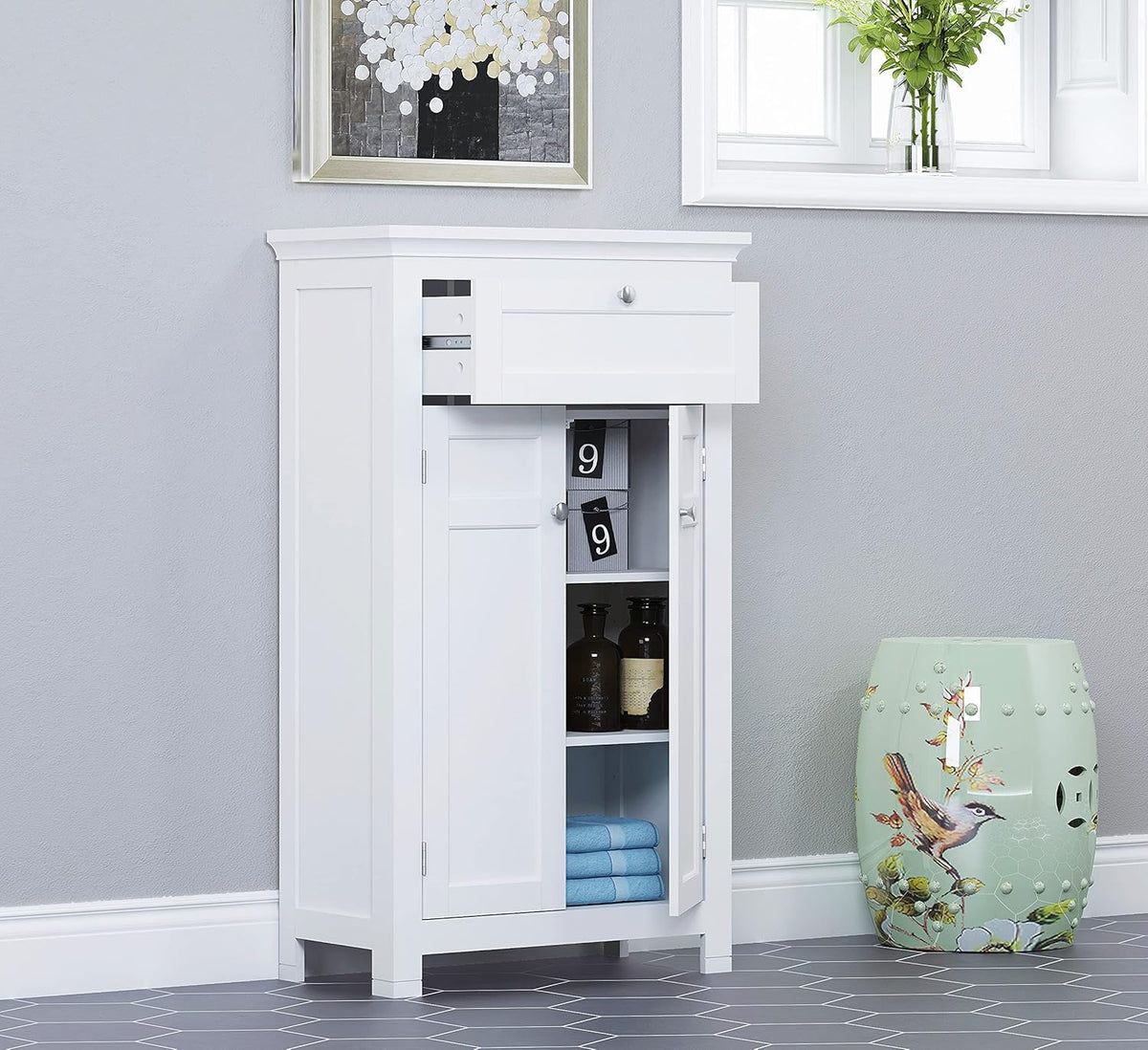 Freestanding Bathroom Cabinet with Doors and Adjustable Shelf, White Q220670