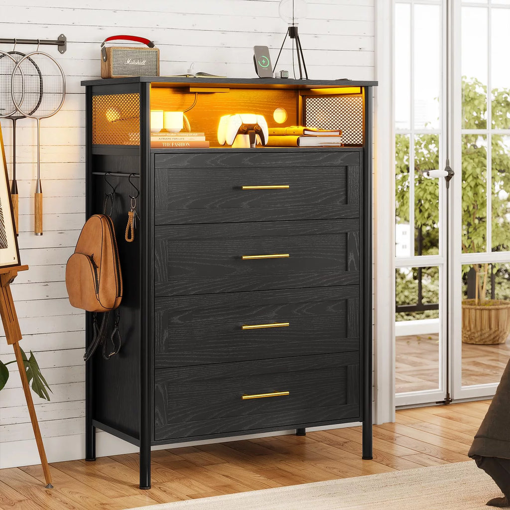 Black 4 Drawer Dresser with Charging Station D3163