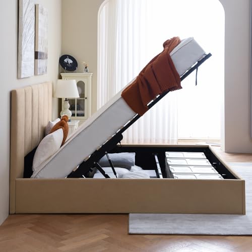 California King Size Lift-Up Storage Upholstered Platform Bed Beige H6948