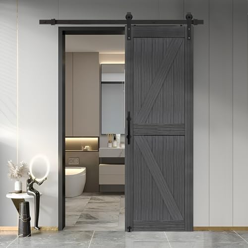 20 in x 84 in Elephant Gray Solid Wood Barn Door with Sliding Door Hardware Kit O13126