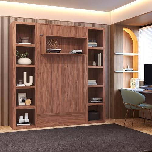 Queen Murphy Wall Bed in Brown Wood Grain with Two Bookshelves P330