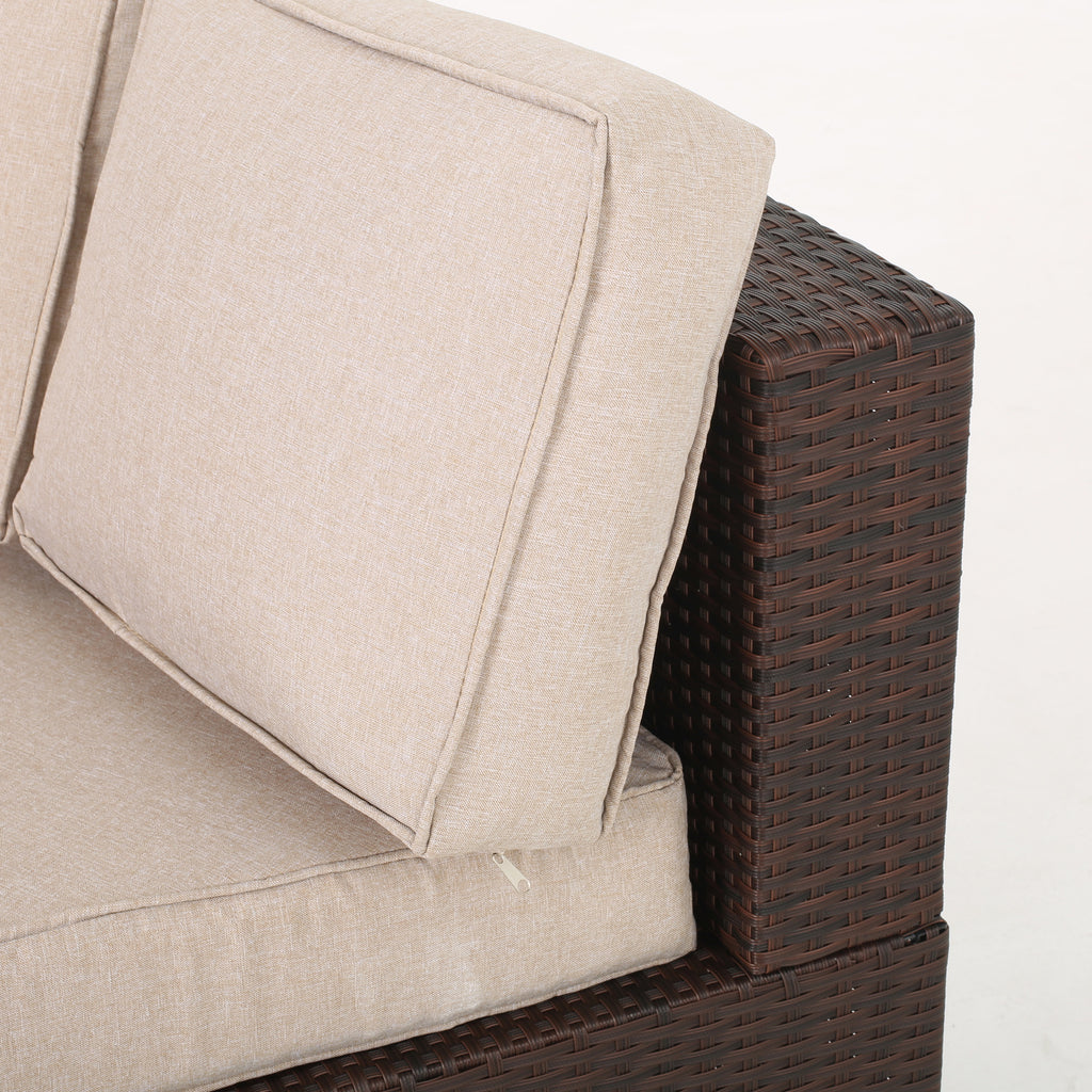 Textured Beige and Brown Outdoor Wicker 2 Seater Sectional Set with Ottoman Y487898
