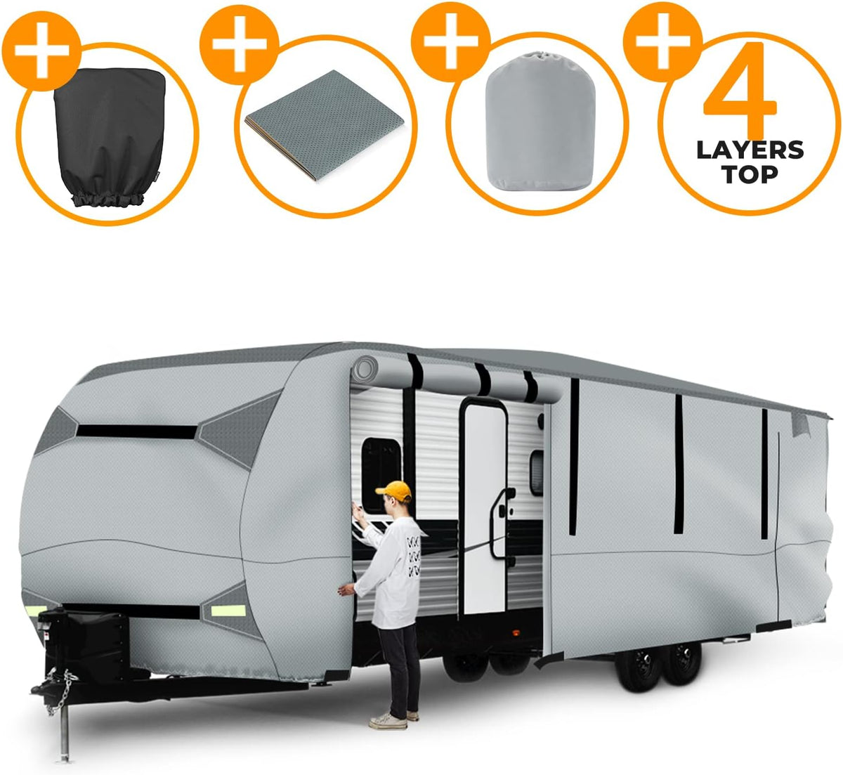 Gray Windproof Travel Trailer RV Snow Cover with Jack Cover & Patch Kit E6156