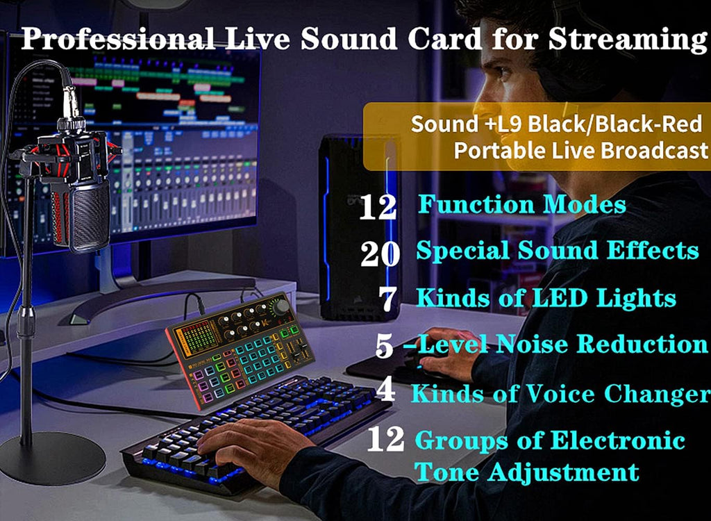 Professional Audio Mixer Sound Card with DJ Mixer Effects, Voice Changer and LED Light, Pack of 2 W2051