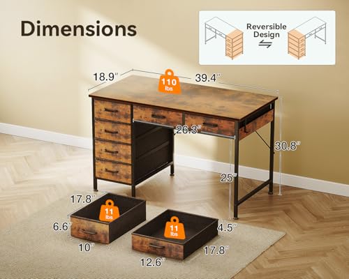 Rustic Brown 40 Inch Computer Desk with 6 Drawers L949
