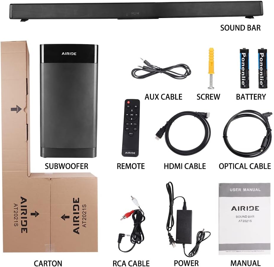 38.5” 2.1 CH Sound Bar with 5.25 inch Subwoofer, Bluetooth 5.0, HDMI(ARC), Optical, COAXIAL, AUX, RCA, USB, Black W6111