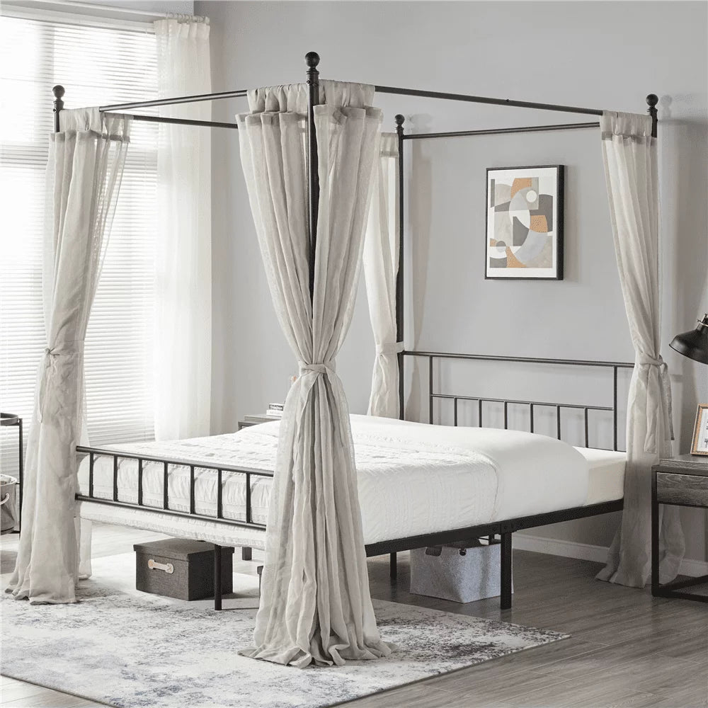 Queen Black Metal Canopy Bed Frame with Headboard & Footboard O134160