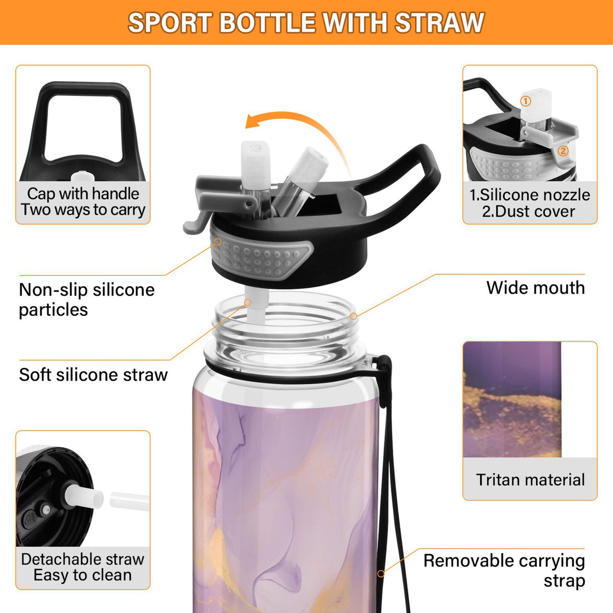 Purple and Gold Marble 32oz Tritan Leakproof Water Bottle with Straw S7693