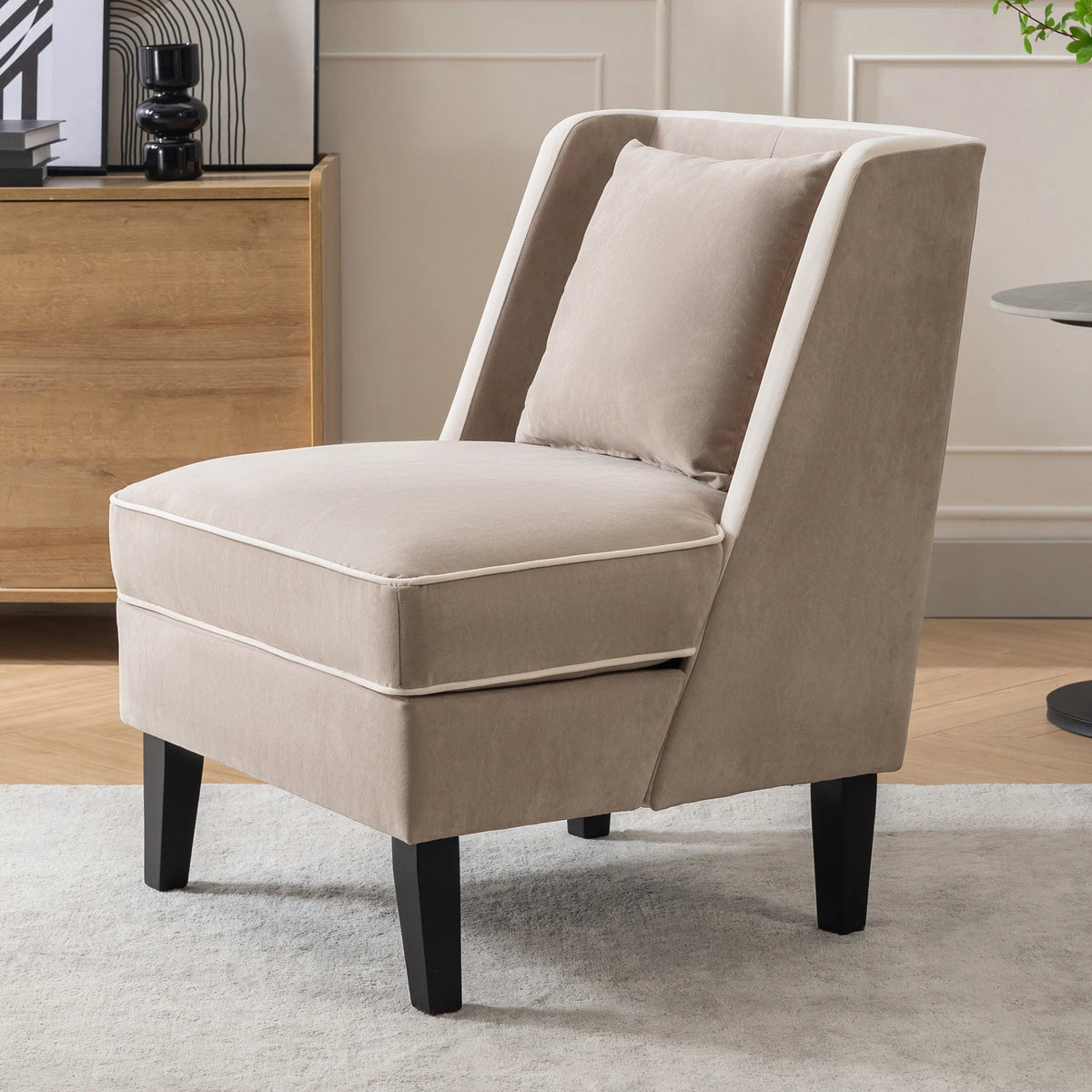 Velvet Upholstered Accent Chair with Cream Piping X89488