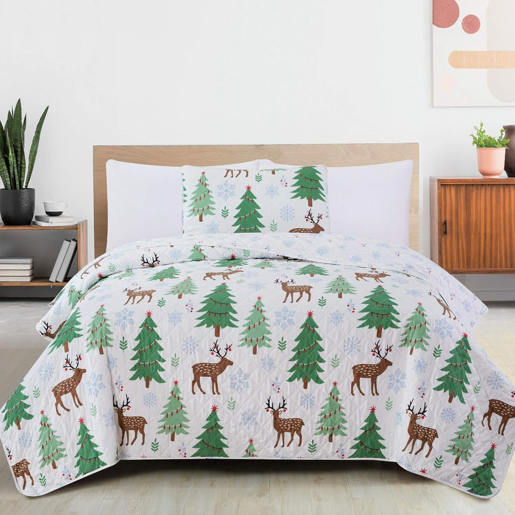 Forest Green 3-Piece Reversible Quilt Set with 2 Shams F294958