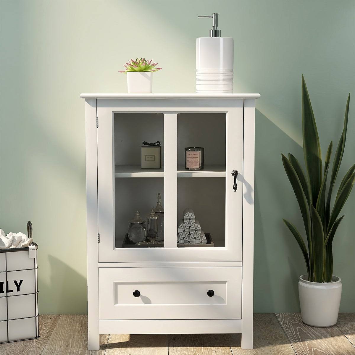 White Buffet Storage Cabinet with Glass Doors N89195