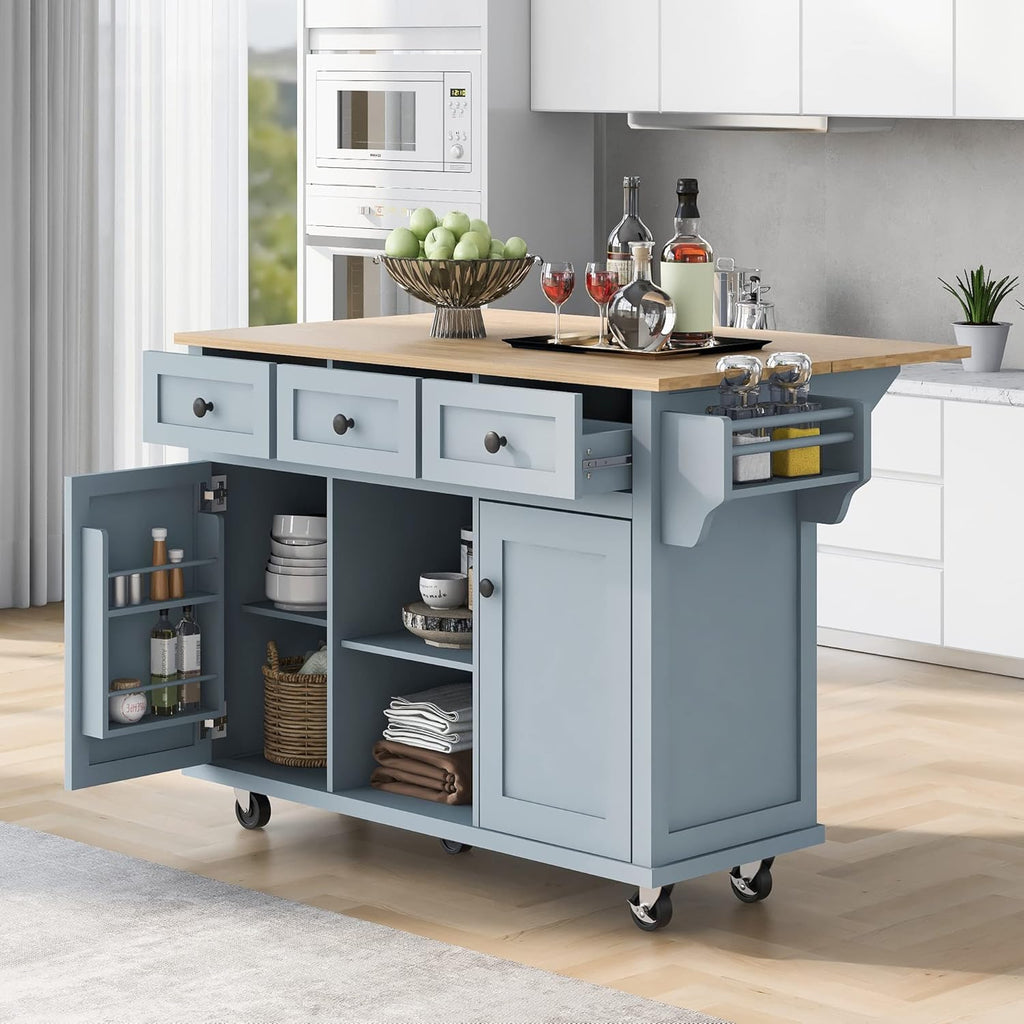 Blue Kitchen Cart with Rubber Wood Drop-Leaf Countertop V12662