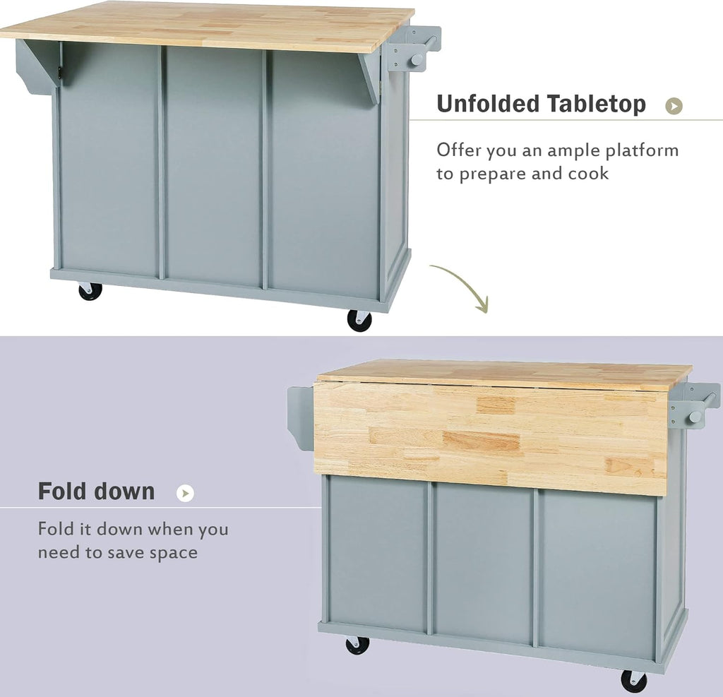 Blue Kitchen Cart with Rubber Wood Drop-Leaf Countertop V12662