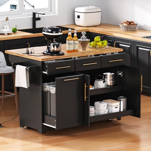 Black Farmhouse Kitchen Island with Drop Leaf, Barn Door, 3 Drawers, Adjustable Shelf, Spice Rack, 56" E152