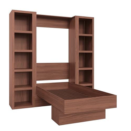 Queen Murphy Wall Bed in Brown Wood Grain with Two Bookshelves P330