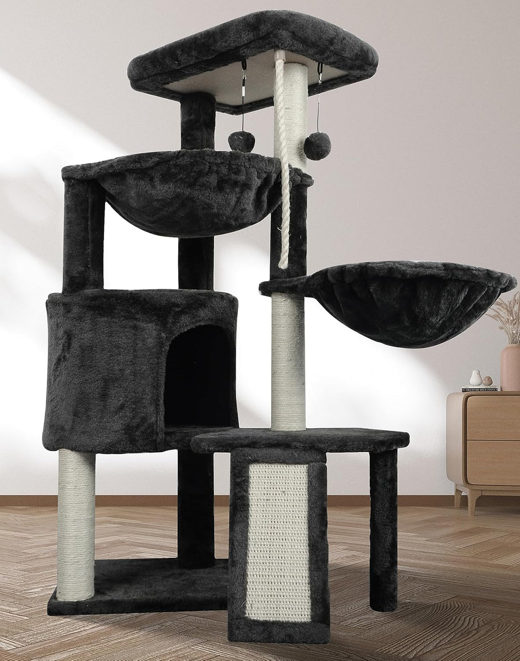 Darkgray Cat Tree with Cat Condo and Two Hammocks H928080