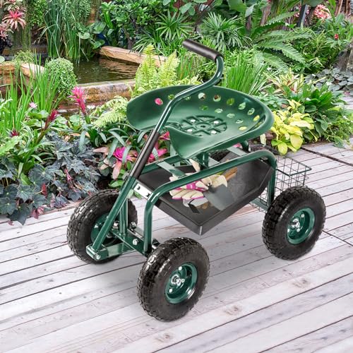 Blue Garden Cart with Rolling Work Seat Tool Tray and Storage Basket on Wheels D49802
