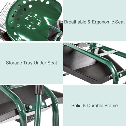 Blue Garden Cart with Rolling Work Seat Tool Tray and Storage Basket on Wheels D49802