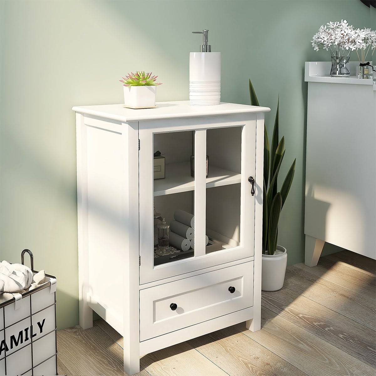 White Buffet Storage Cabinet with Glass Doors N89195