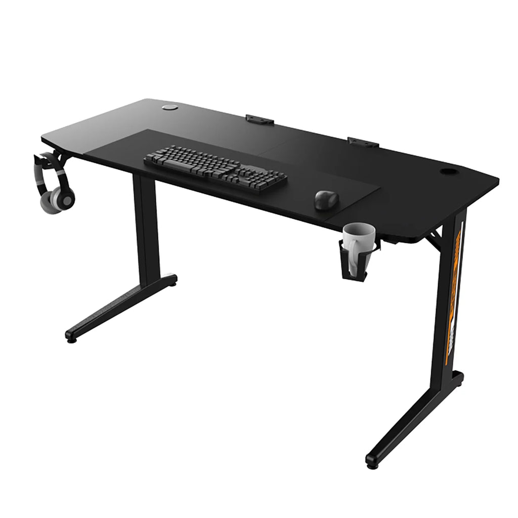 Black Ergonomic Gaming Desk with Headphone Holder, Cup Holder, Mouse Pad G805