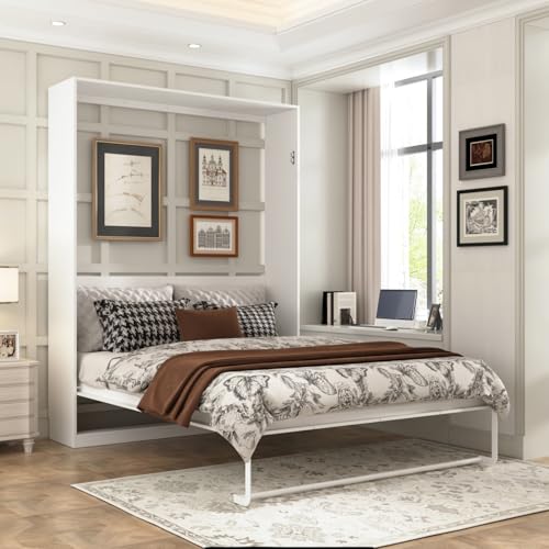 White Queen Size Murphy Wall Bed Cabinet Foldable Platform Bedframe V22441