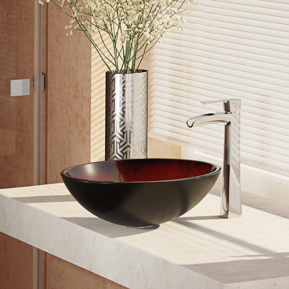 Foil Undertone Glass Vessel Sink with Chrome Faucet and Drain C3495