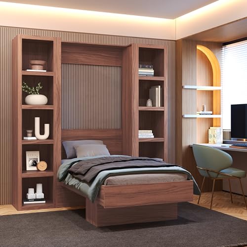 Queen Murphy Wall Bed in Brown Wood Grain with Two Bookshelves P330