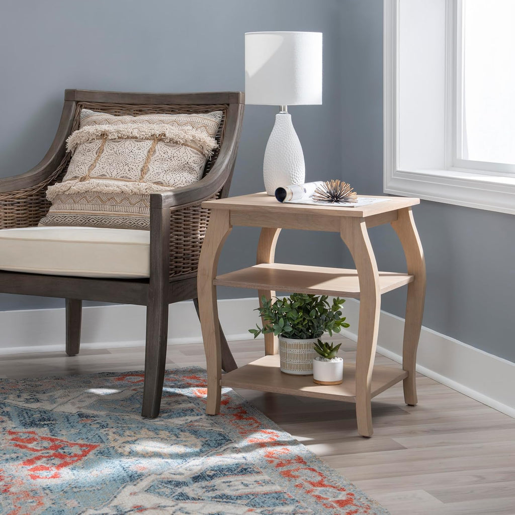 Natural Wooden Side Table with Curved Legs and Two Display Shelves N271
