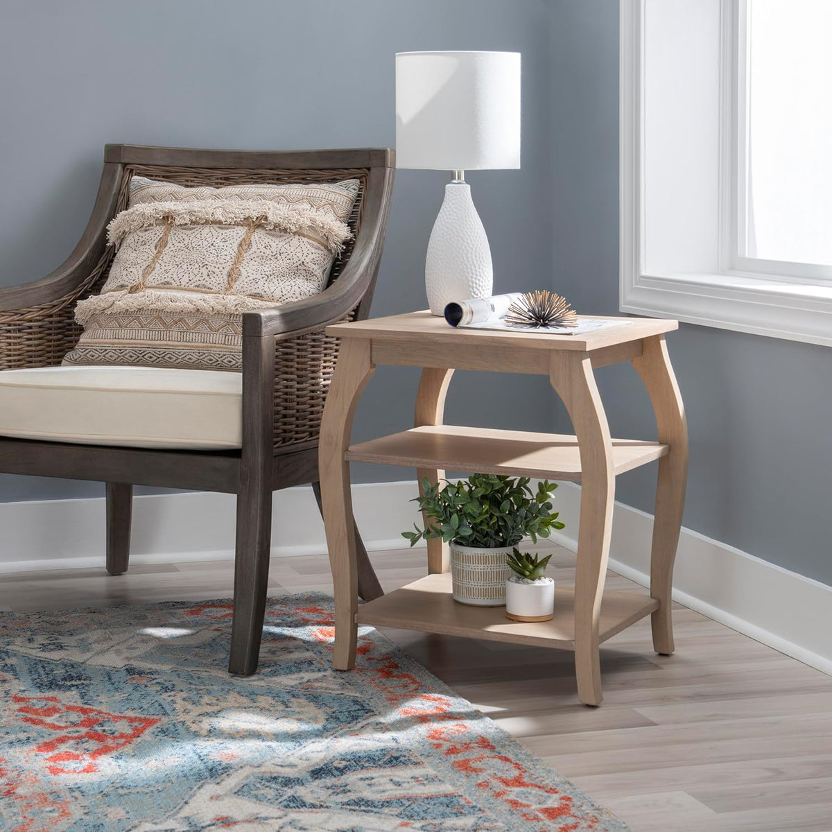 Natural Wooden Side Table with Curved Legs and Two Display Shelves N271